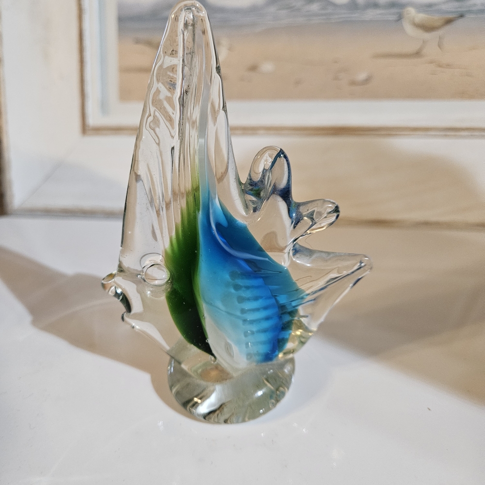 Glass Angel Fish Figurine with Blue and Green Accents